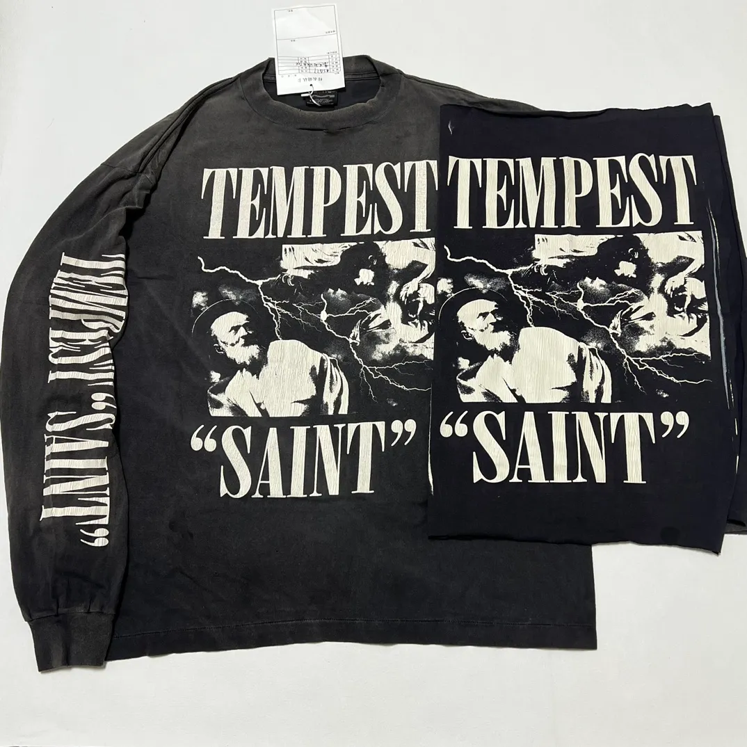 Top printing technology Purchasing agent level SAINT Mxxxxxx LS TEE/TEMPEST/BLK 'TEMPEST SAINT' Storm Religious Saint Crack Retro Vulcanization Rewashed Water Long Sleeves Washed Black S-XL Assute Dyeing Multi-digit horse fading process Hand polished hanging holes Full of old feel